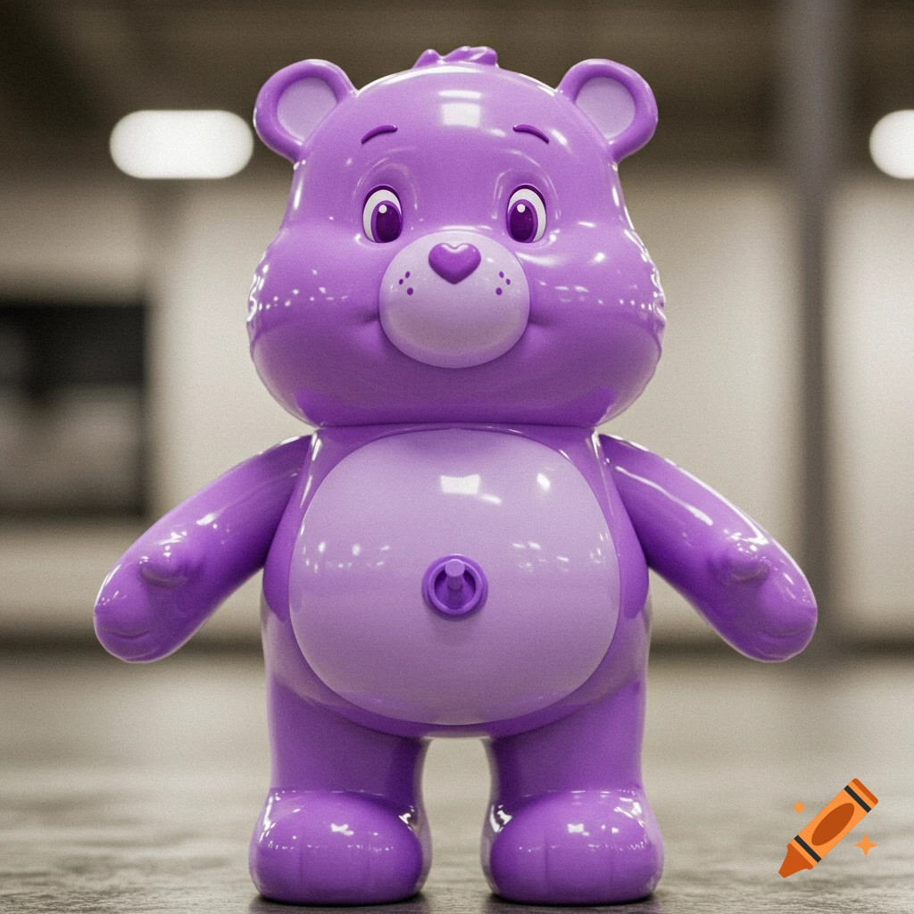 A shiny purple Care Bear toy with a pool toy texture and a valve on its belly.