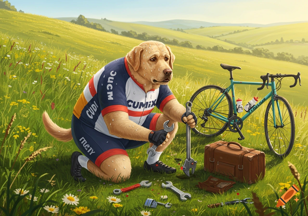 An illustration of a sweating Labrador dog in a cycling suit, crouching to repair a turquoise bicycle in a grassy field with rolling hills.