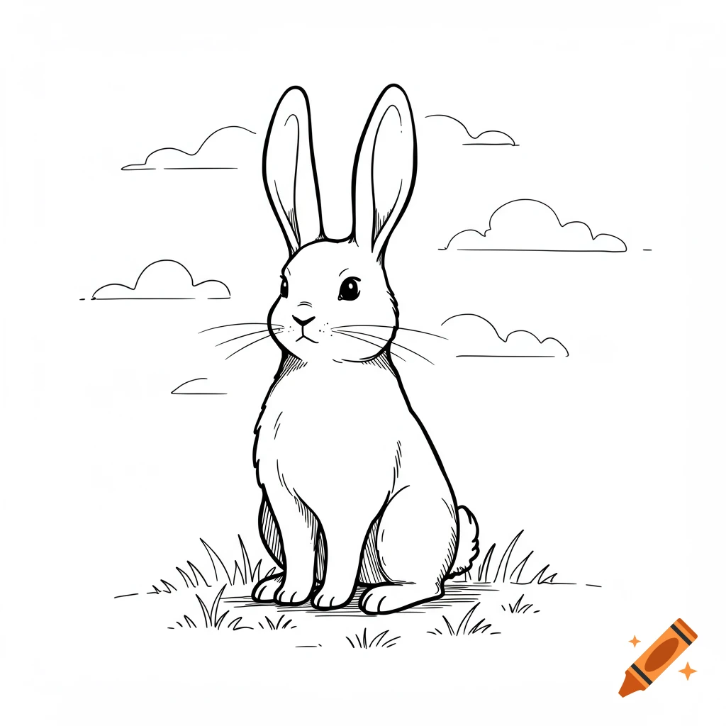 Simple line art drawing of a cartoon bunny sitting in grass with clouds in the background.