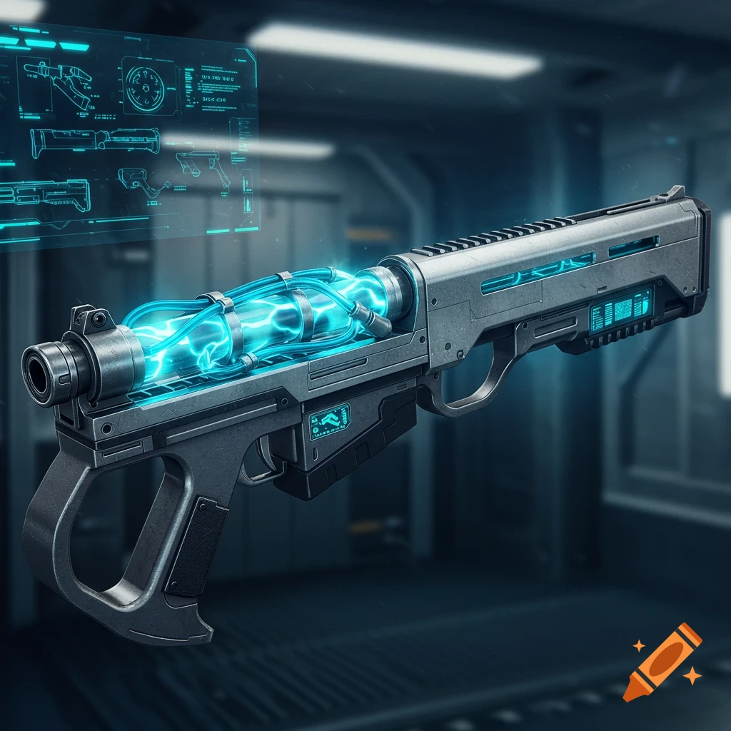 A futuristic blaster rifle with a glowing blue energy core and metallic components, set against a dark, high-tech background with holographic diagrams.