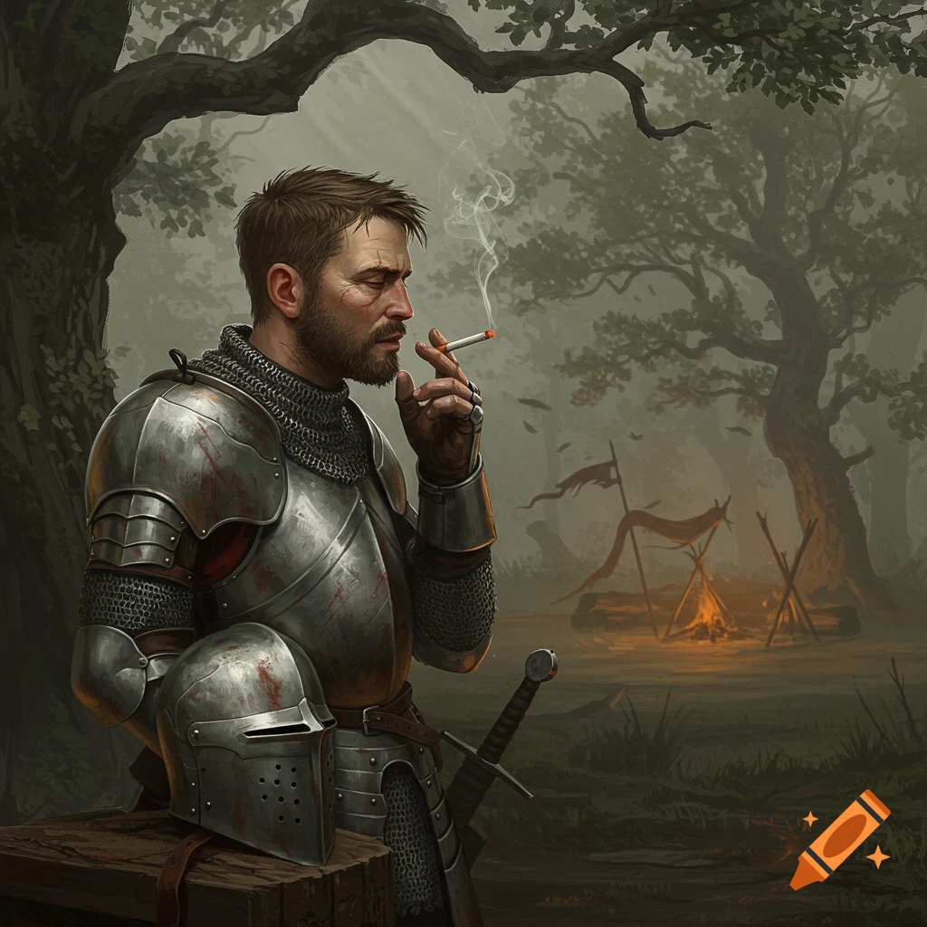 A bearded, armored knight smokes a cigarette in a misty forest. His helmet is on a wooden block, with a campfire and tent in the background.