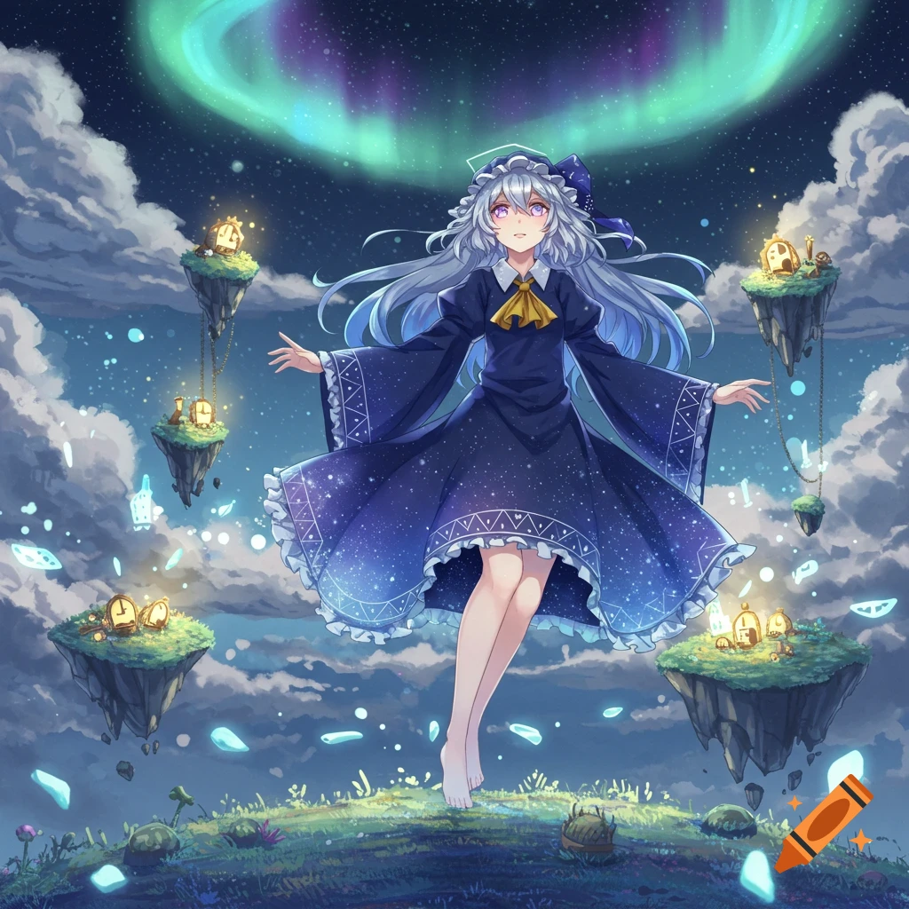 Anime girl with silver hair and a starry dress floats in a dreamlike sky with northern lights and magical floating islands.