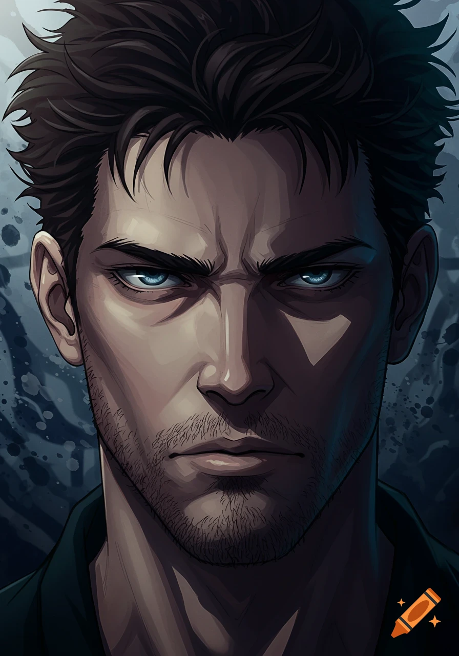 An anime-style portrait of a stern-faced man with messy dark hair, blue eyes, and stubble.
