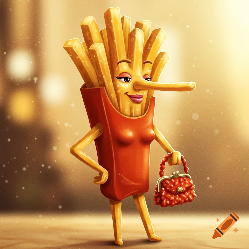 A stylized cartoon female French fry character with a long nose, makeup, and a red textured purse, standing against a warm, blurry background.