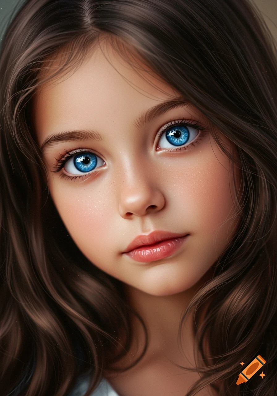 Close-up photorealistic portrait of a young girl with striking blue eyes and flowing brown hair.