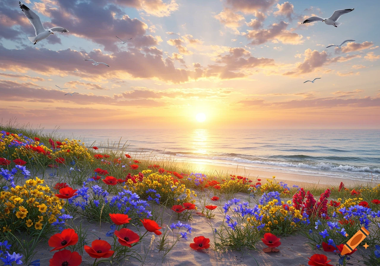 Vibrant beach at sunset with colorful red, blue, and yellow wildflowers covering sand dunes by the ocean, and seagulls flying.