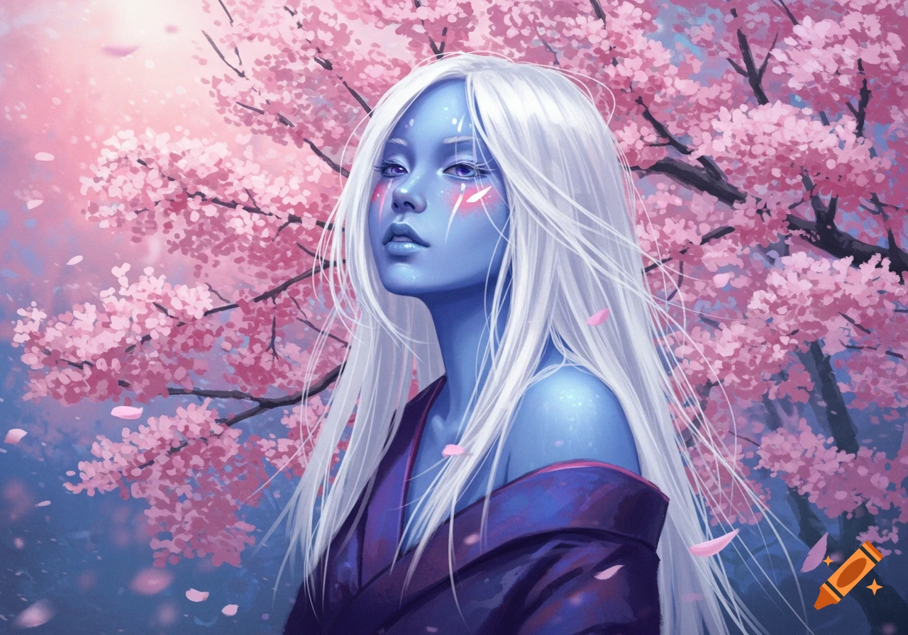 Blue-skinned woman with long white hair in a dark kimono among pink cherry blossoms, digital art style.