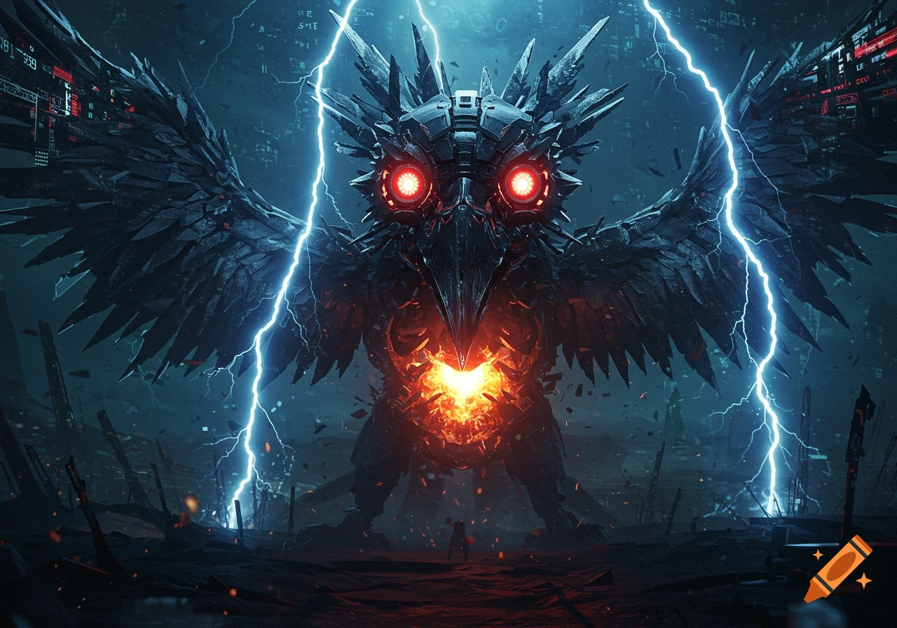 A massive, menacing cybernetic bird monster with glowing red eyes and a fiery core, stands in a dark, stormy landscape with lightning.