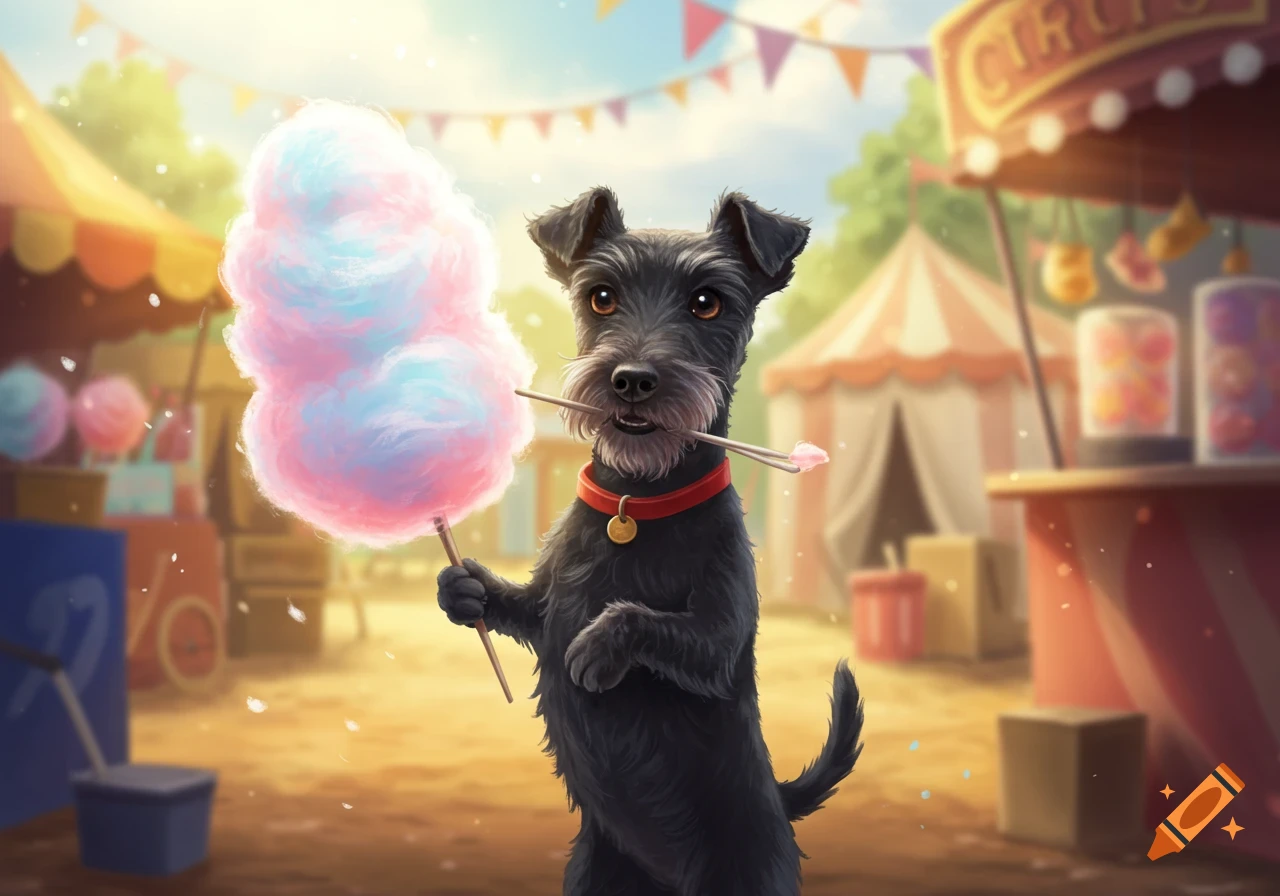 A cute black terrier dog holds a large pink and blue cotton candy stick at a lively carnival fairground.