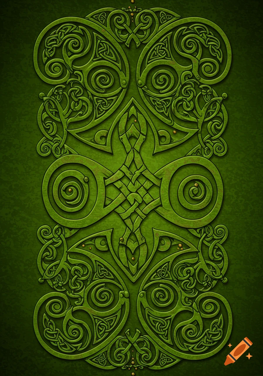An intricate, embossed green Celtic knotwork pattern fills the entire frame with swirling designs.