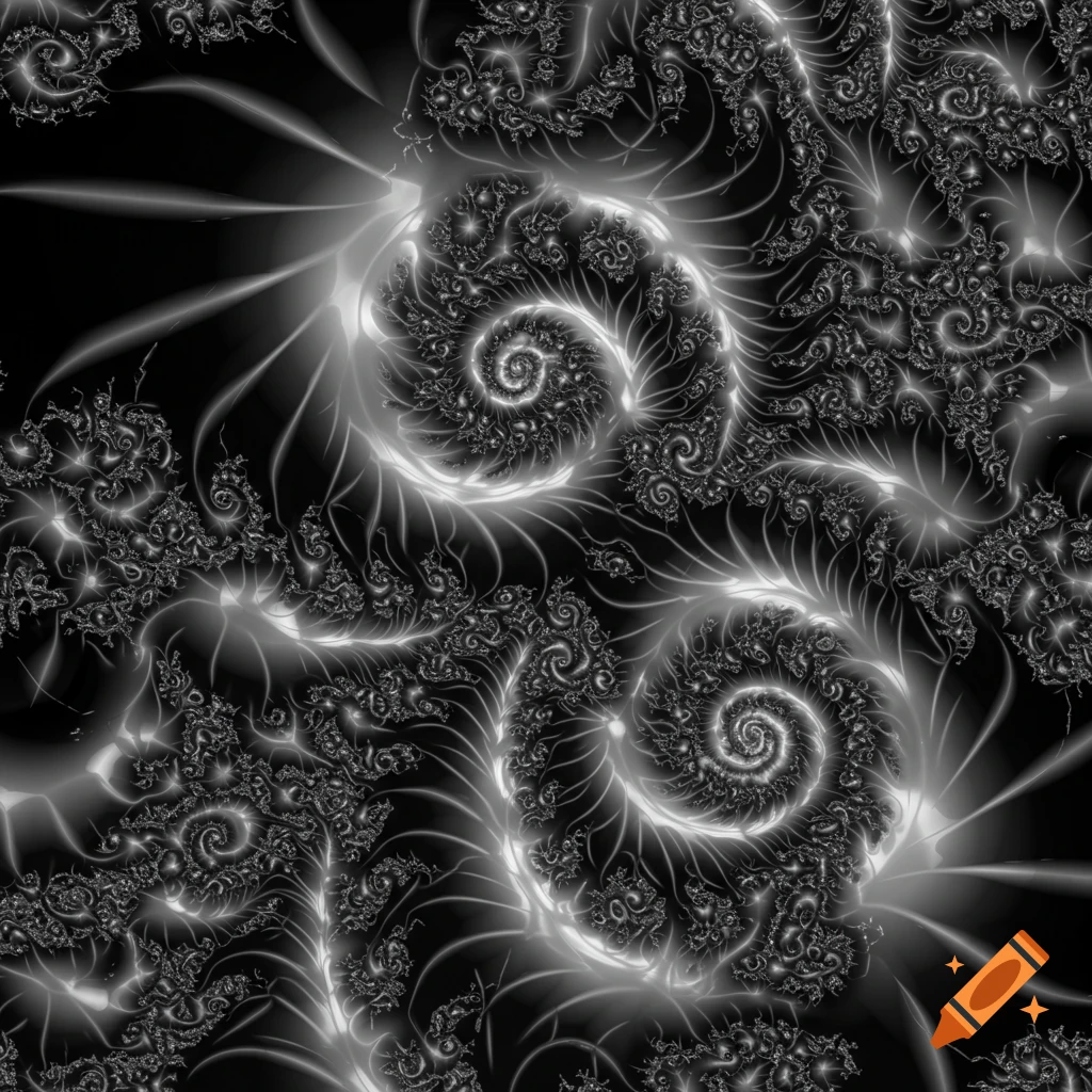 Intricate black and white fractal pattern with glowing spiral shapes.