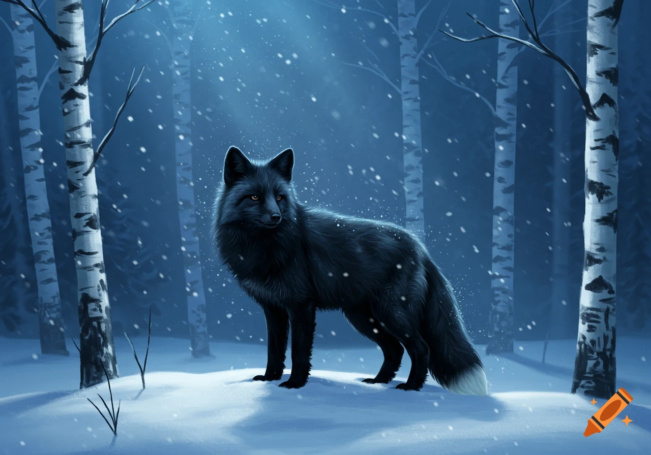A black fox stands in a snowy birch forest under falling snow, in a digital art style.