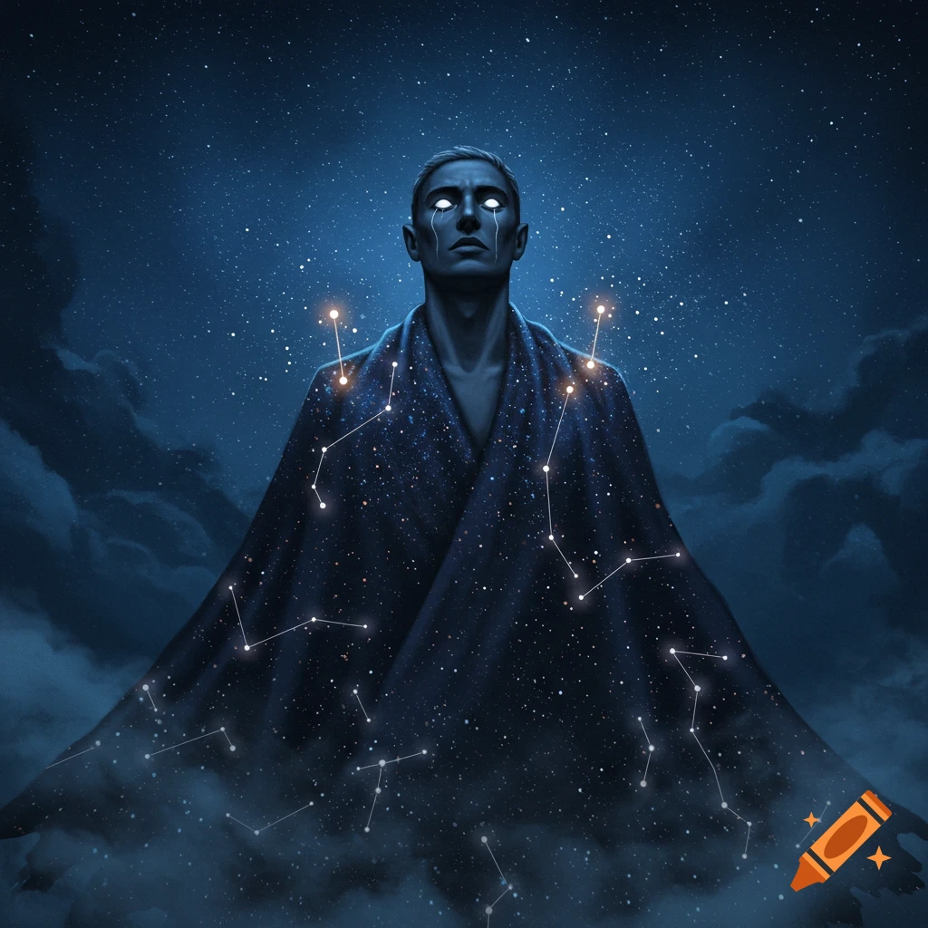 A man with glowing eyes, wearing a cloak covered in constellations, against a starry night sky.