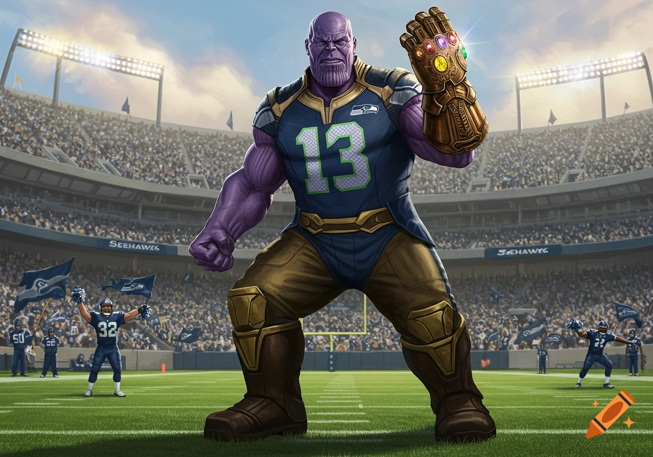 Thanos, wearing a blue and green Seattle Seahawks jersey with '13' on it and the Infinity Gauntlet, stands on a football field in a stadium filled with fans, with smaller football players nearby.