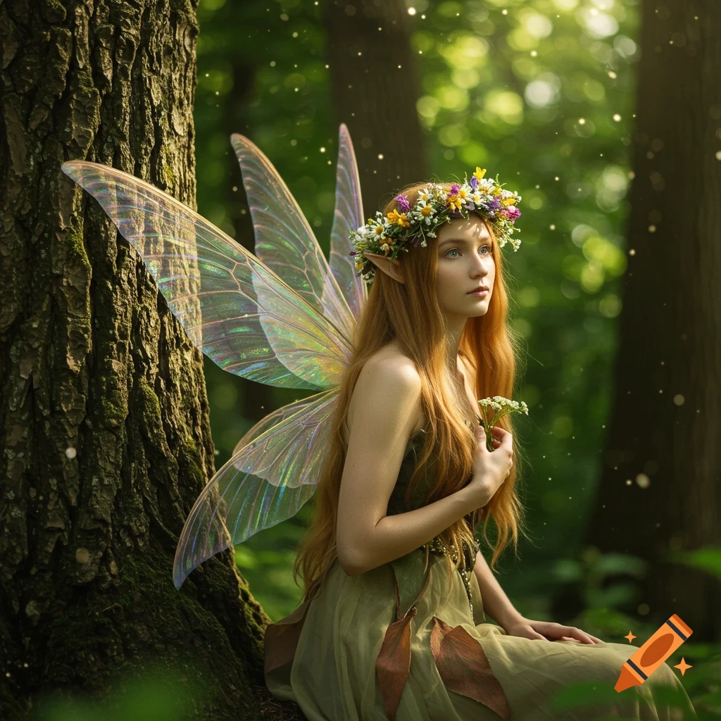 A photorealistic ethereal forest fairy with long red hair, pointed ears, iridescent wings, and a wildflower crown, sitting by a tree in a bright forest.