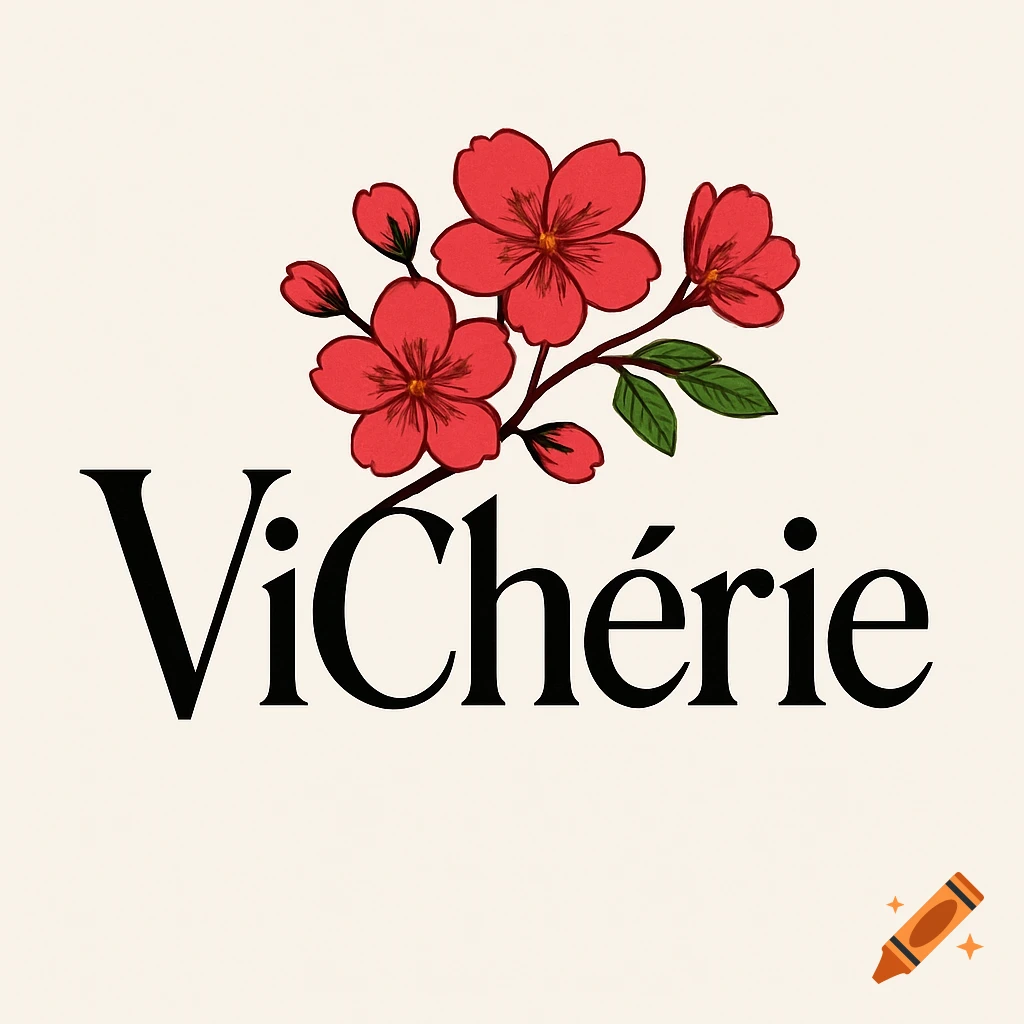 A black serif font logo for ViChérie with a branch of red cherry blossoms and green leaves above the text.