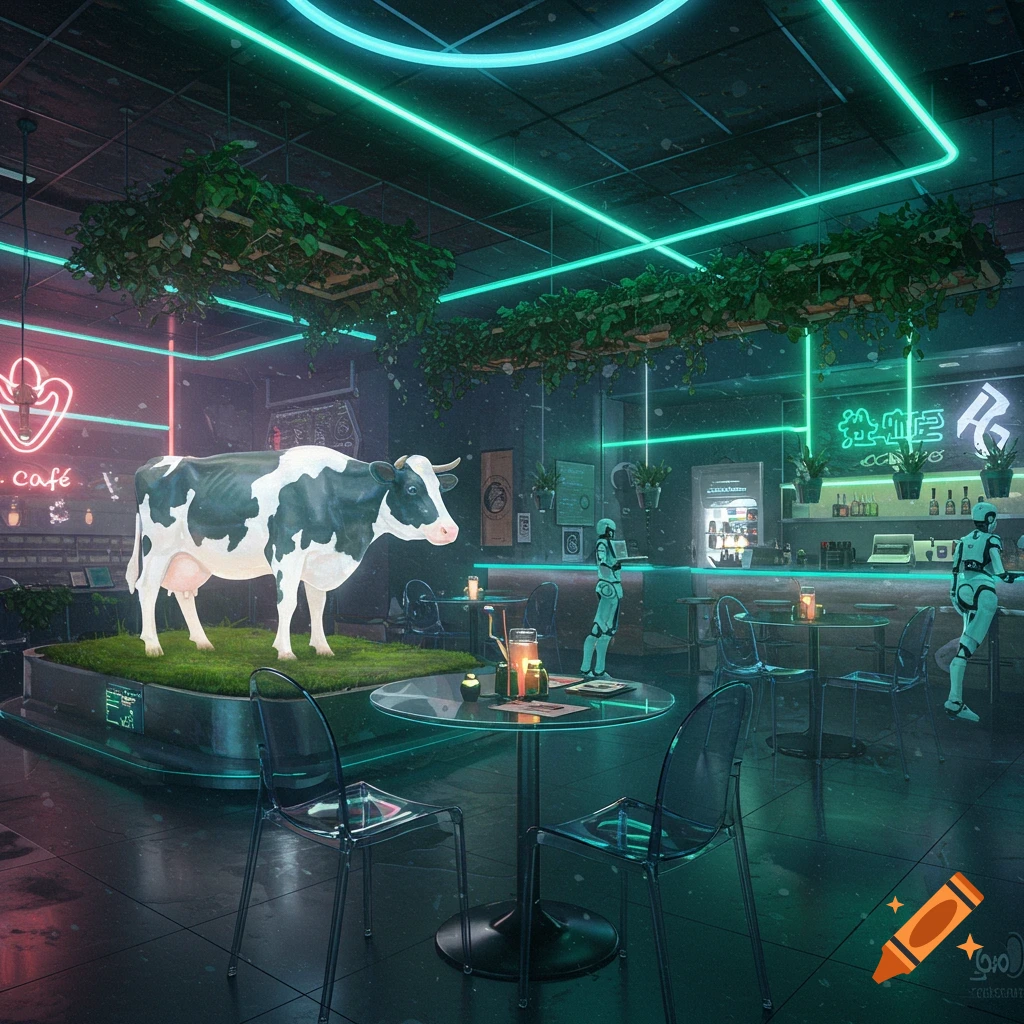 A black and white cow on a grassy platform in a futuristic neon-lit cafe with robots and clear tables.