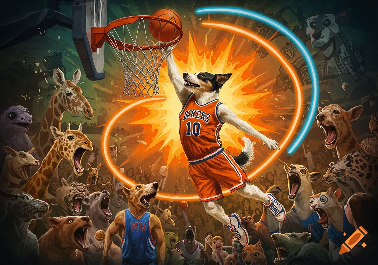 An anthropomorphic dog in an orange basketball jersey dunks a basketball, surrounded by an arena of screaming, cheering animals, in a dynamic illustration.
