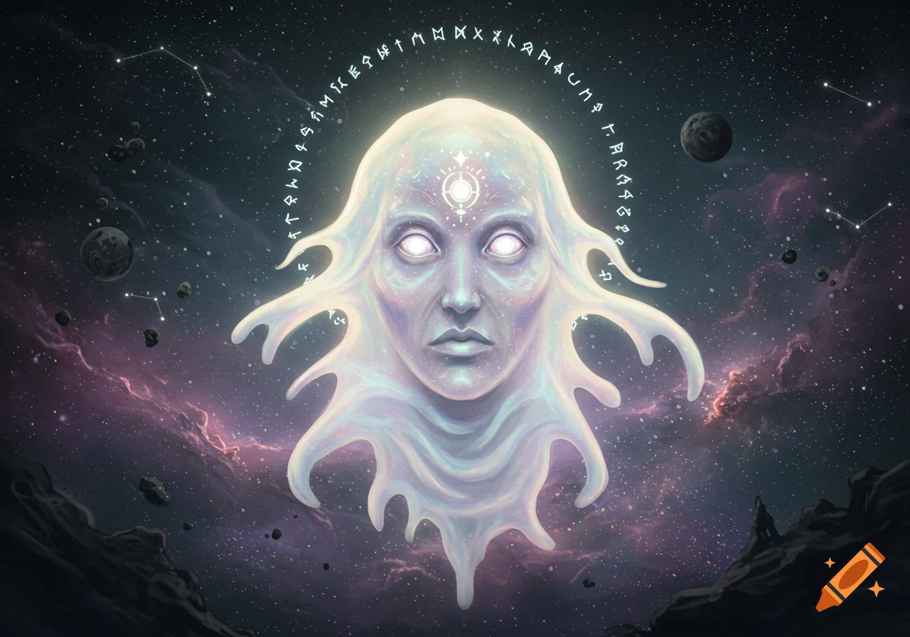 An ethereal, glowing face with white eyes floats in a nebula-filled space, surrounded by planets, stars, and an arc of ancient symbols. Digital art.