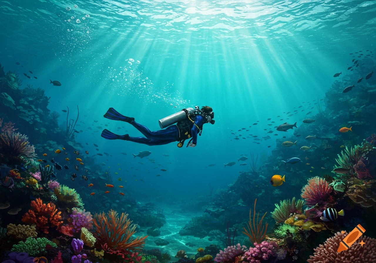 A scuba diver explores a vibrant coral reef teeming with colorful fish, illuminated by sunbeams filtering through clear blue water.