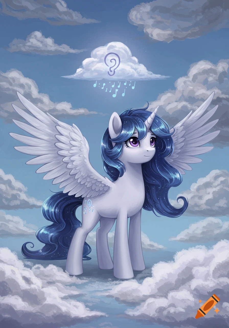A silver unicorn pegasus with long, indigo, sparkling hair and white wings stands on clouds. Above her, a cloud emits musical notes.