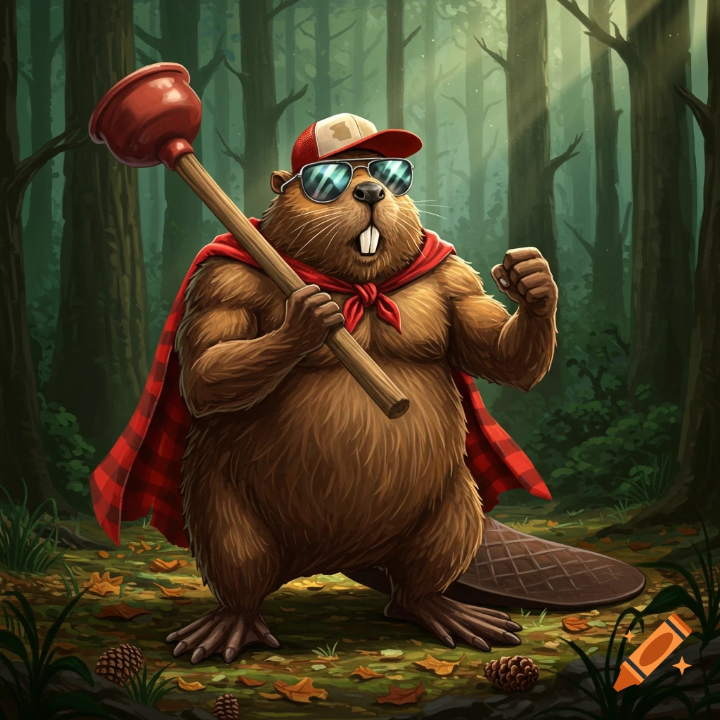 A muscular, cartoon beaver superhero in a red plaid cape, sunglasses, and baseball cap, holding a plunger in a forest.