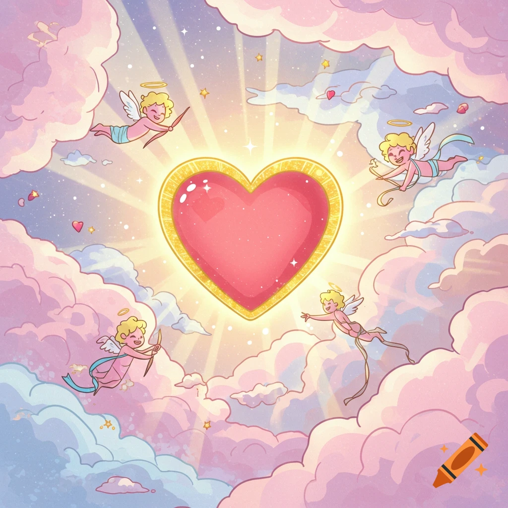 A glowing golden heart surrounded by adorable cupids flying through pastel pink and blue clouds in a starry sky, in a cartoon style.