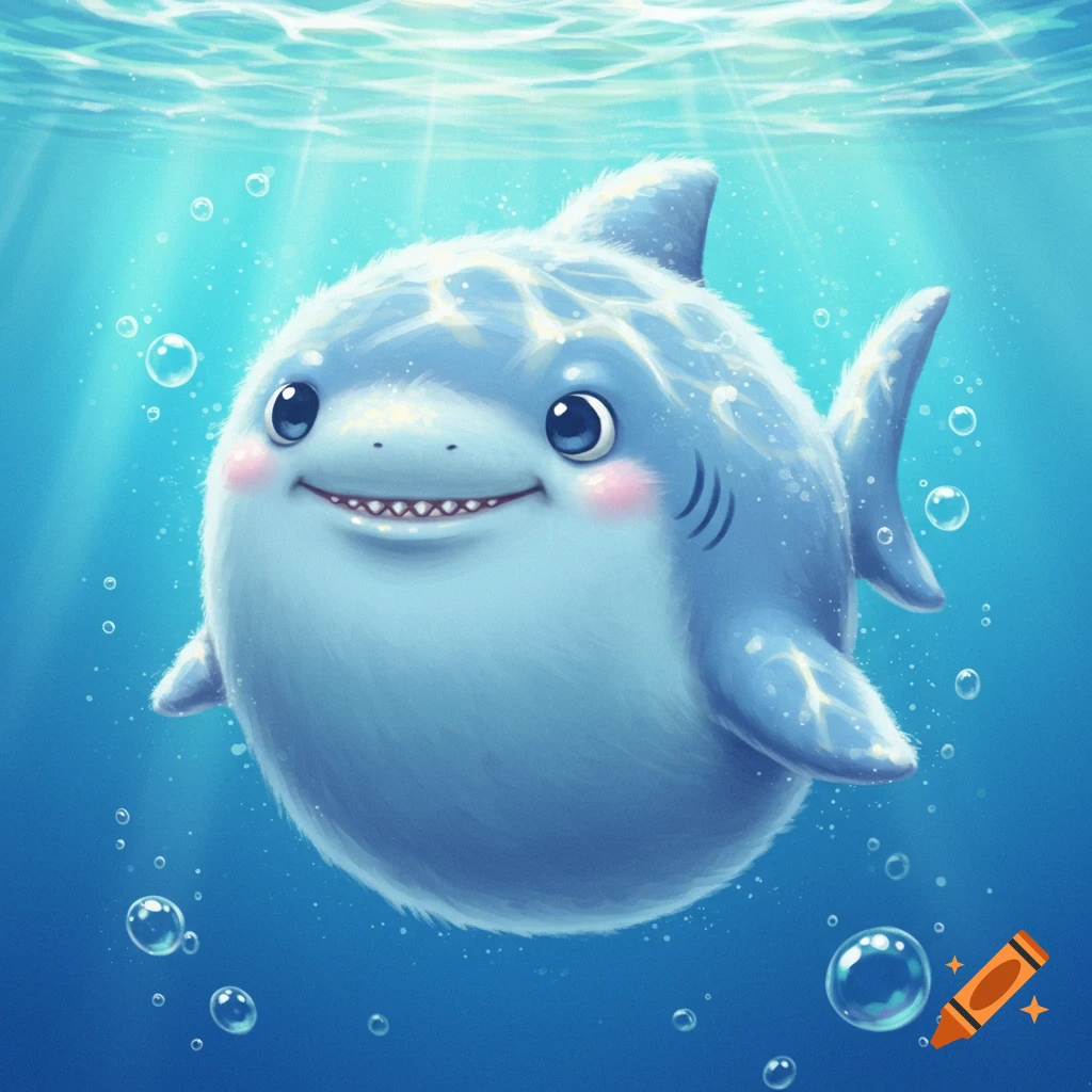 A cute, round blue cartoon shark with rosy cheeks swims happily underwater with bubbles and sun rays.
