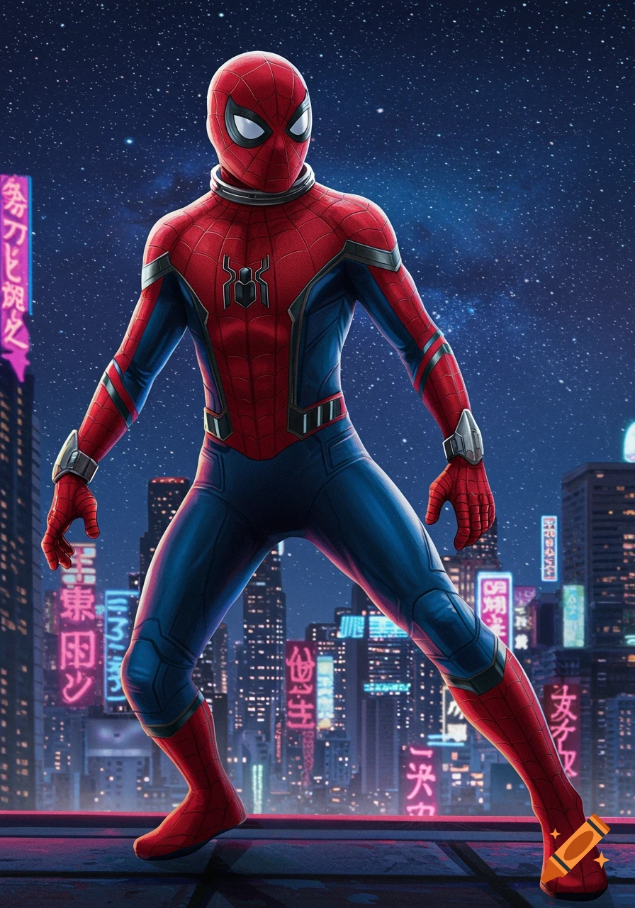 Spider-Man stands on a rooftop overlooking a neon-lit city at night, under a starry sky. Stylized illustration.