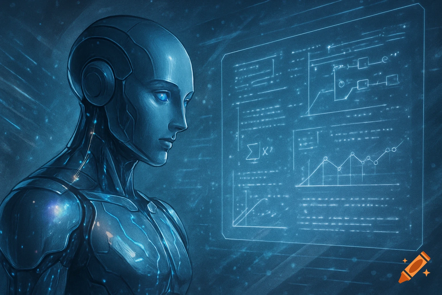 A futuristic blue android with glowing eyes looks at a holographic screen displaying data charts and diagrams in a stylized, dark blue setting.