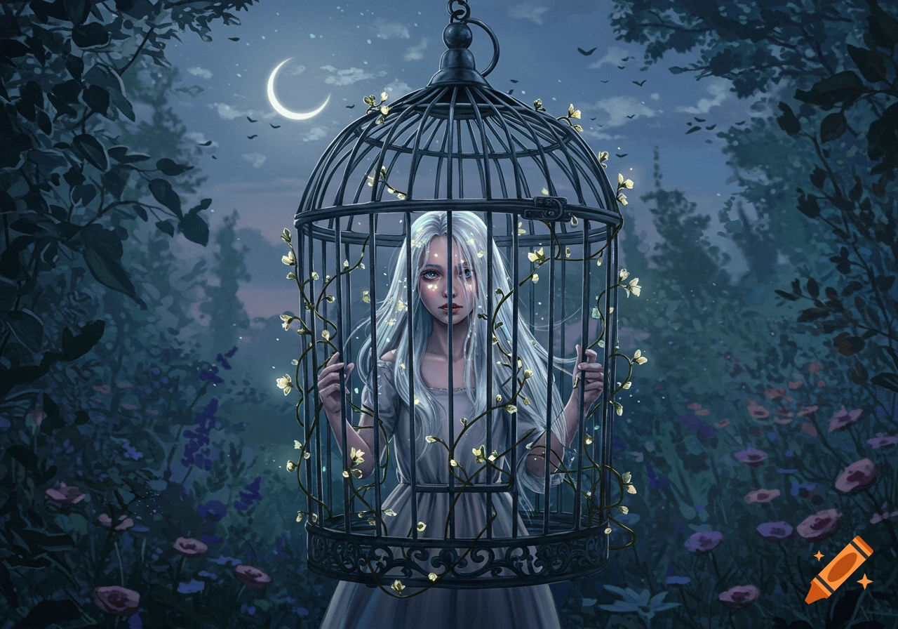 A white-haired girl in a hanging birdcage, adorned with glowing flowers, in a dark, magical forest at night under a crescent moon.