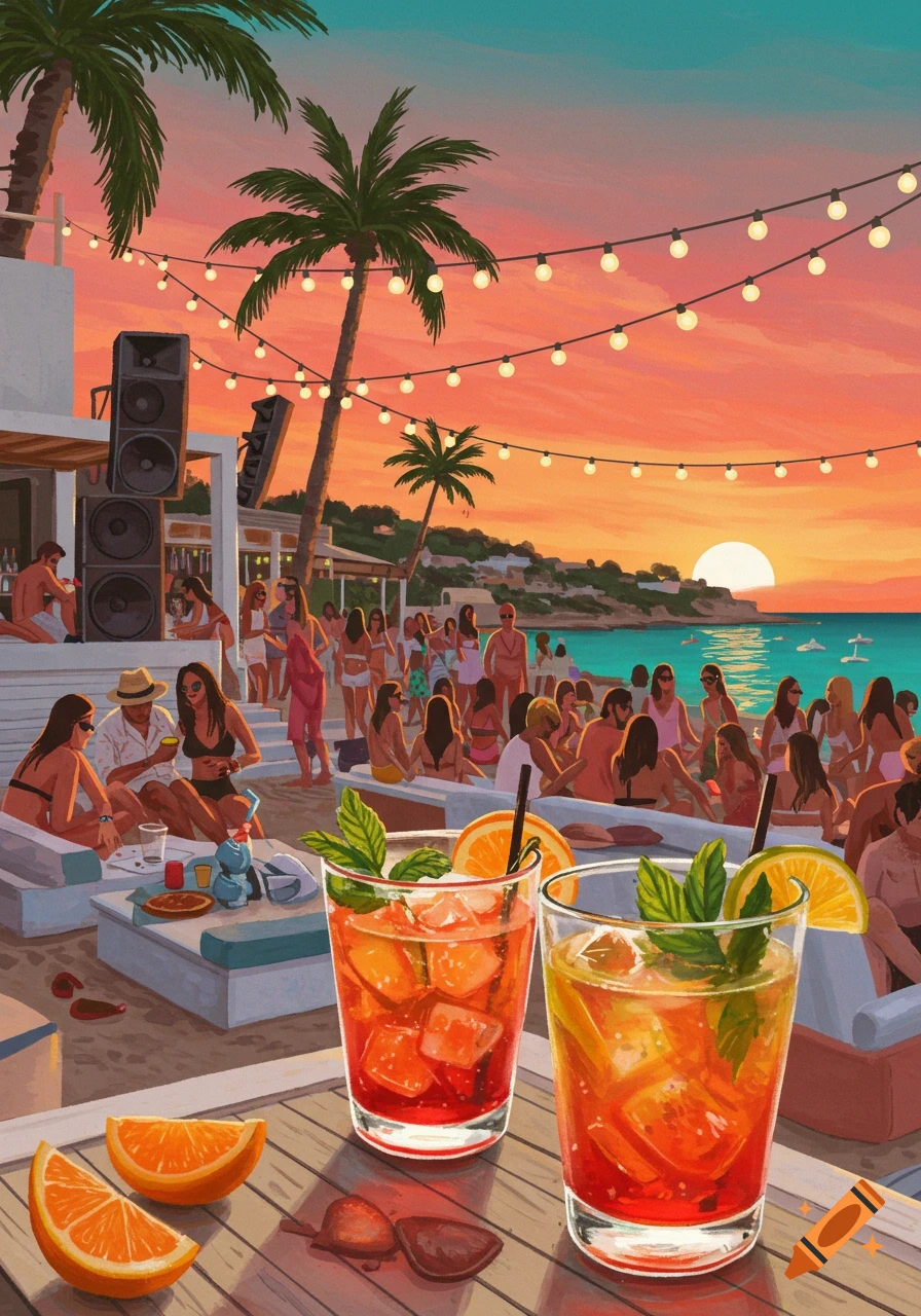 Vibrant illustration of a lively beach party at sunset, with two cocktails in the foreground.