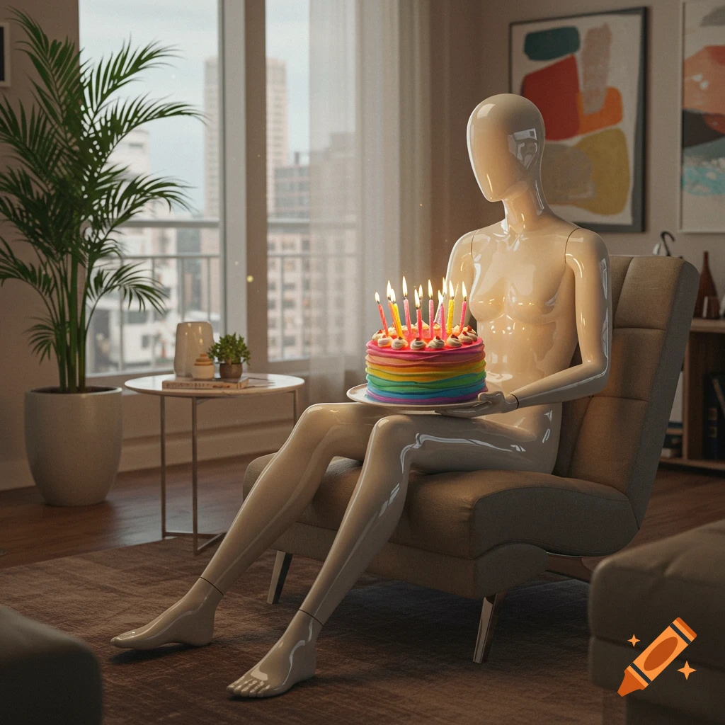 A glossy mannequin sits in a modern armchair, holding a rainbow birthday cake with lit candles in a contemporary apartment.