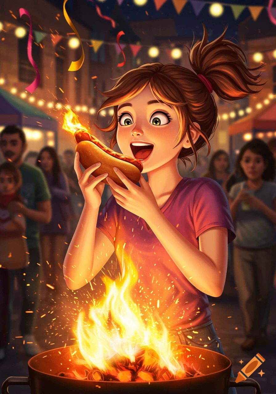 A delighted cartoon girl holds a hotdog on fire at a lively night festival, standing by a fiery grill.