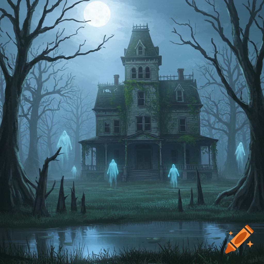 An old, overgrown haunted mansion with a tall turret stands in a foggy swamp under a full moon, surrounded by bare trees and five glowing ghosts floating above a still pond.