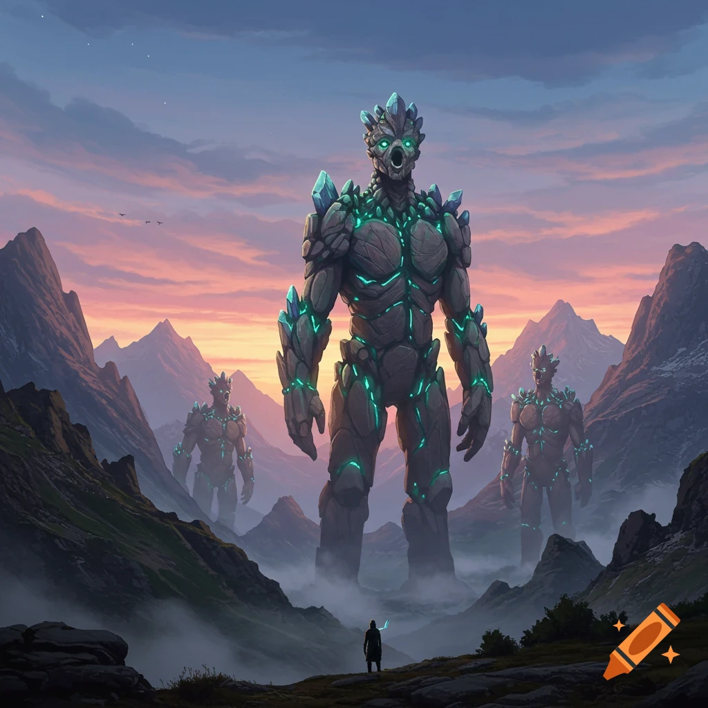 Giant rock elemental monsters with glowing blue accents stand in a vast mountain landscape at sunset, dwarfing a small human figure.