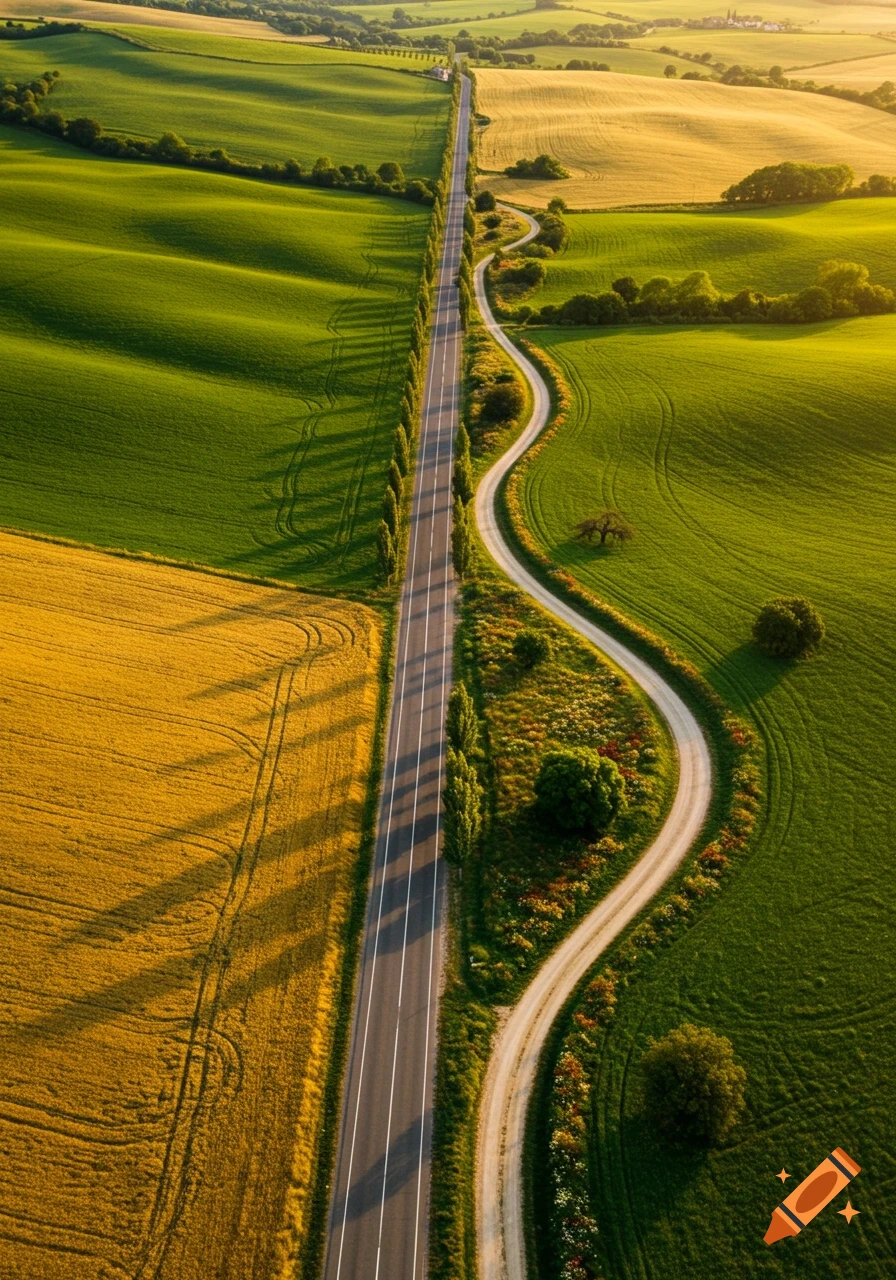 Bird's-eye view of a long straight road and a winding dirt path separating lush green and golden fields under a bright sky.