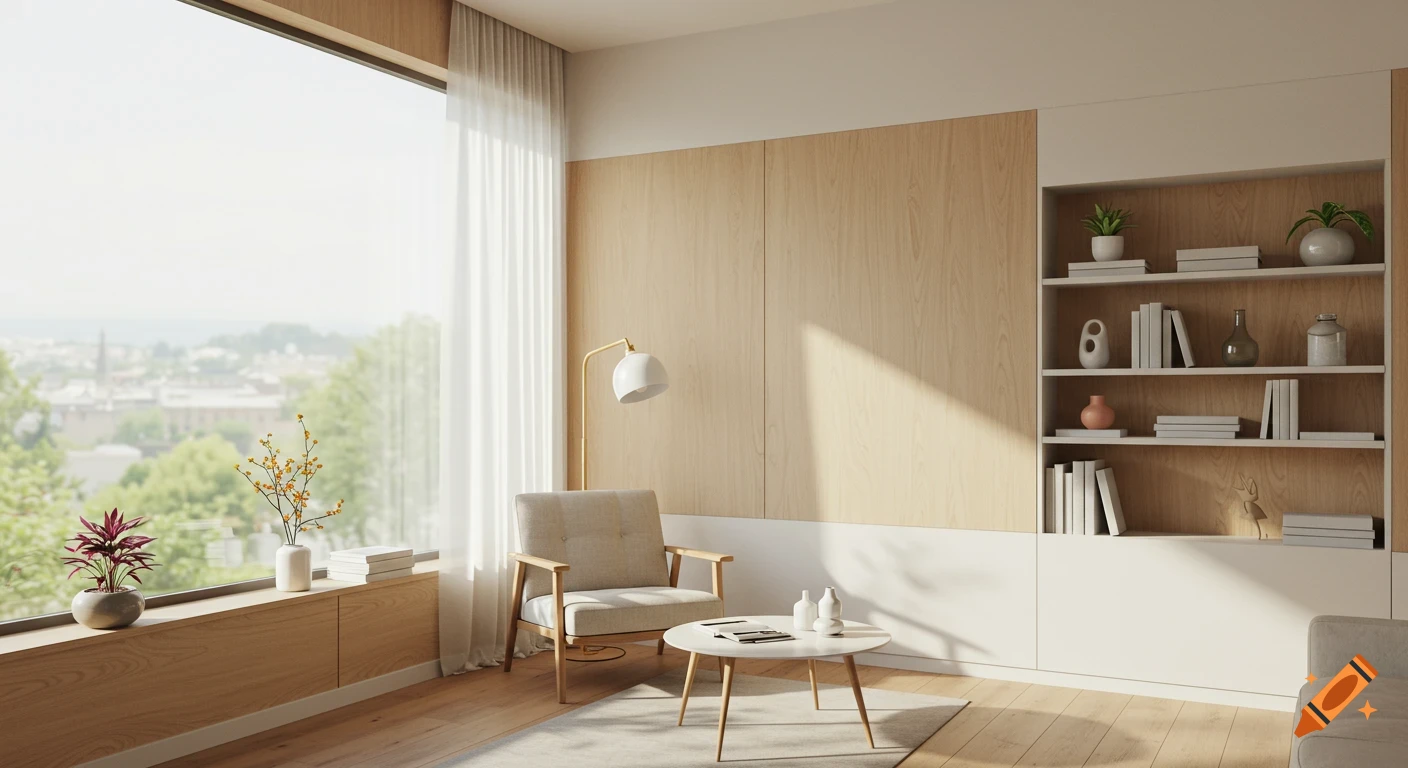 A sunlit modern living room with large windows, light wood paneling, a beige armchair, a coffee table, and bookshelves filled with books and plants.