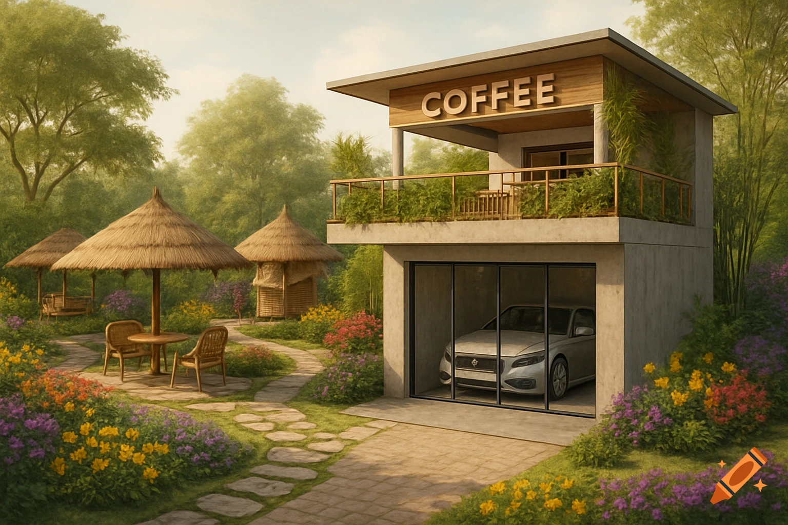 A two-story coffee shop with a garage below, a park area with thatched umbrella huts, stone paths, colorful flowers, and lush trees.