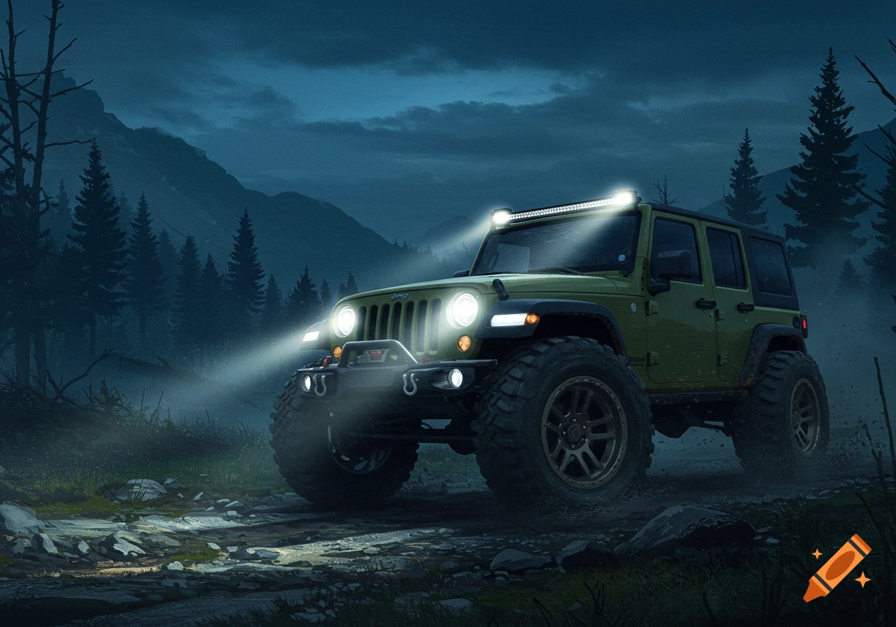 A green Jeep with bright LED lights drives at night on a rocky trail through a misty forest, with mountains in the background.