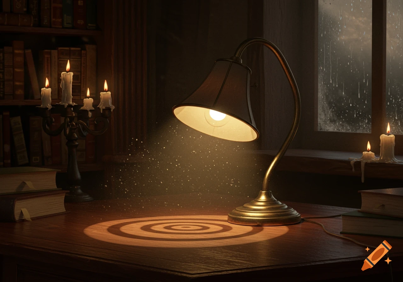 A cozy, dimly lit study with a desk lamp illuminating a desk with books, candles, and a rainy window.
