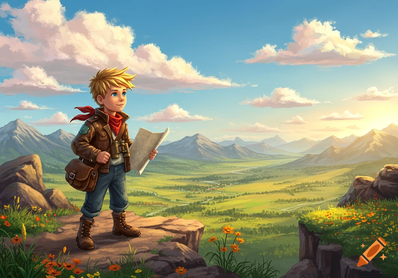 An illustrated young boy adventurer with a map stands on a cliff overlooking a vast, sunny valley with mountains.