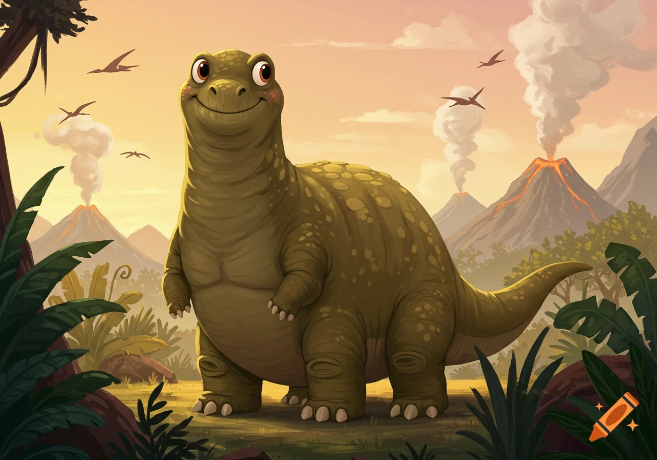 A friendly, cartoonish green dinosaur with a big smile stands in a lush prehistoric landscape with erupting volcanoes and flying pterodactyls.