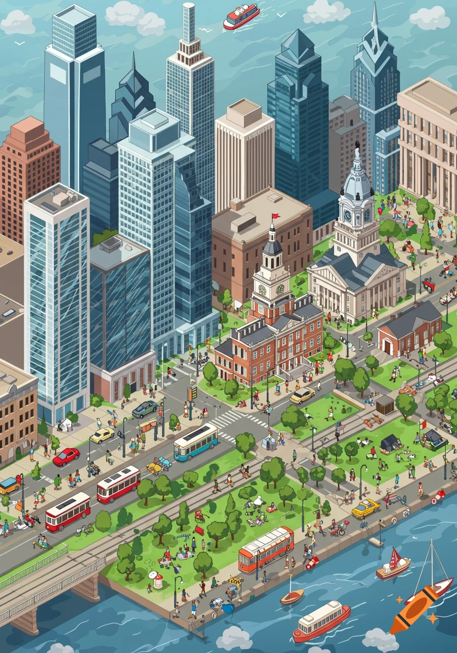 Isometric vector art of a bustling, colorful Philadelphia city scene with landmarks, people, buildings, and a river.