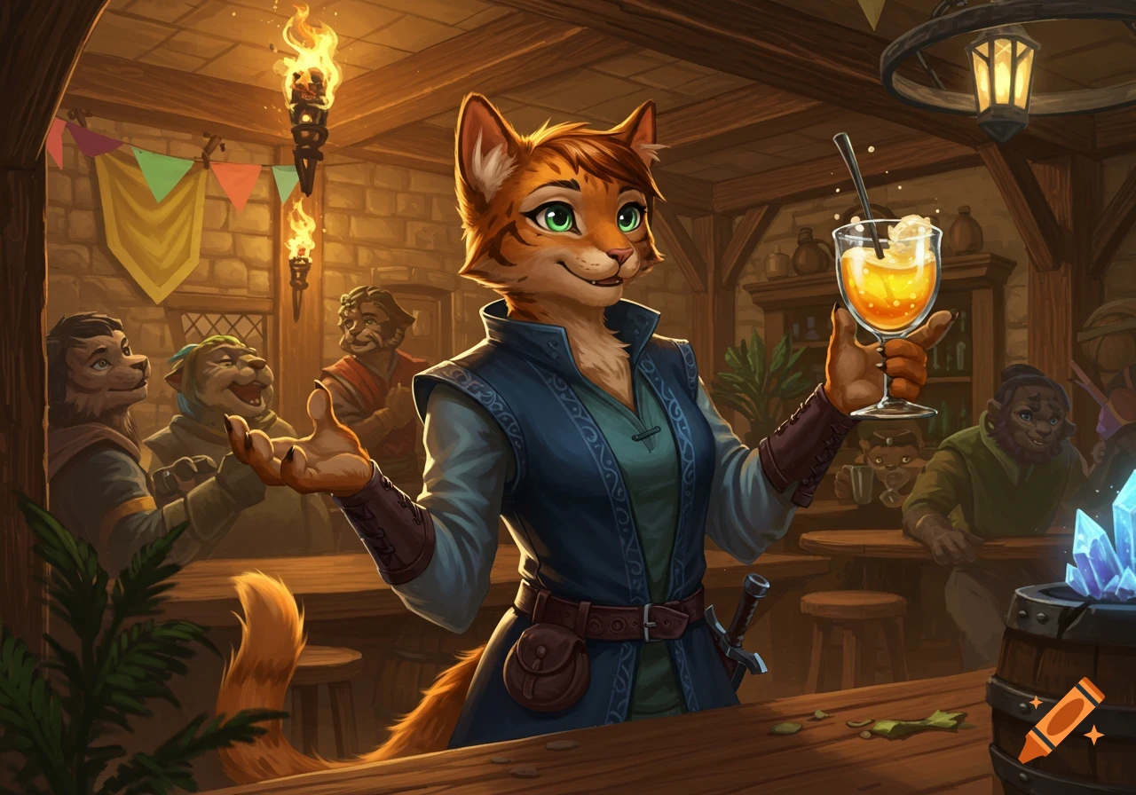 A smiling orange cat furry woman in fantasy attire serves a drink at a bustling tavern, with other anthropomorphic patrons in the background.