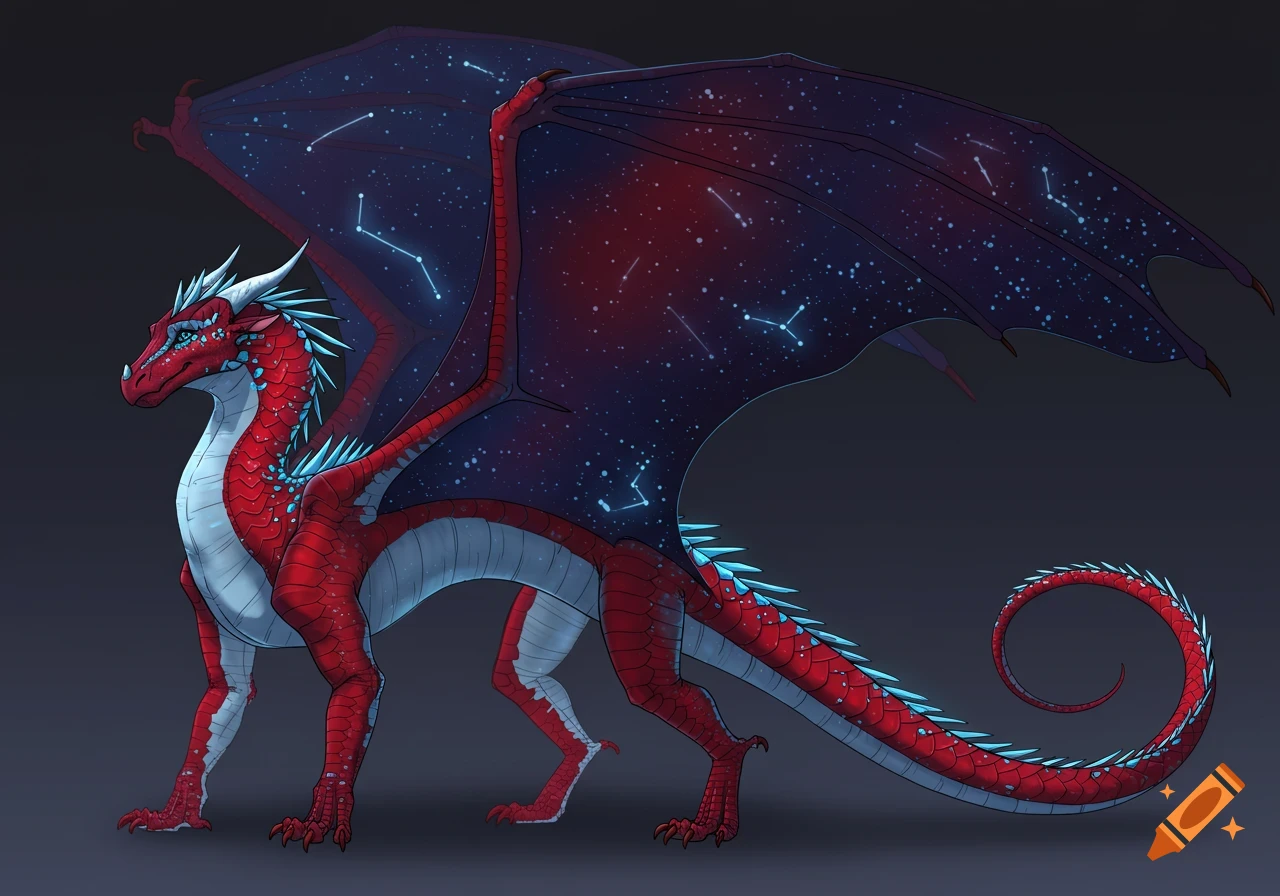 A semi-realistic fantasy dragon with a red body, icy blue underbelly and spikes, and large deep blue-purple wings featuring glowing constellations.