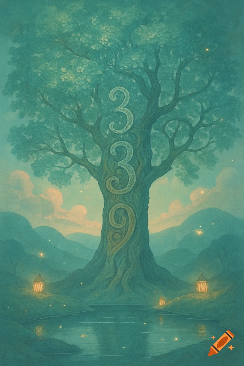 A large, mystical tree with glowing '333' carved into its trunk, beside a reflective pond with glowing lanterns, under a soft twilight sky and distant mountains.