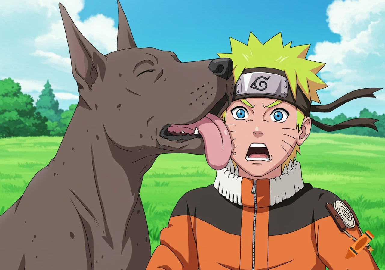 Naruto Uzumaki with a shocked expression as a large Great Dane enthusiastically licks his cheek in an anime style outdoor scene.