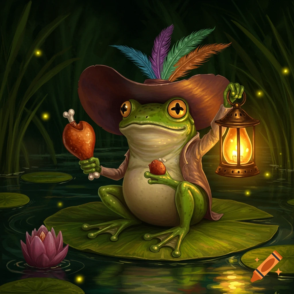A whimsical frog in a feathered hat sits on a lily pad, holding a lit lantern and a chicken drumstick in a swamp with a lotus flower. Digital art.