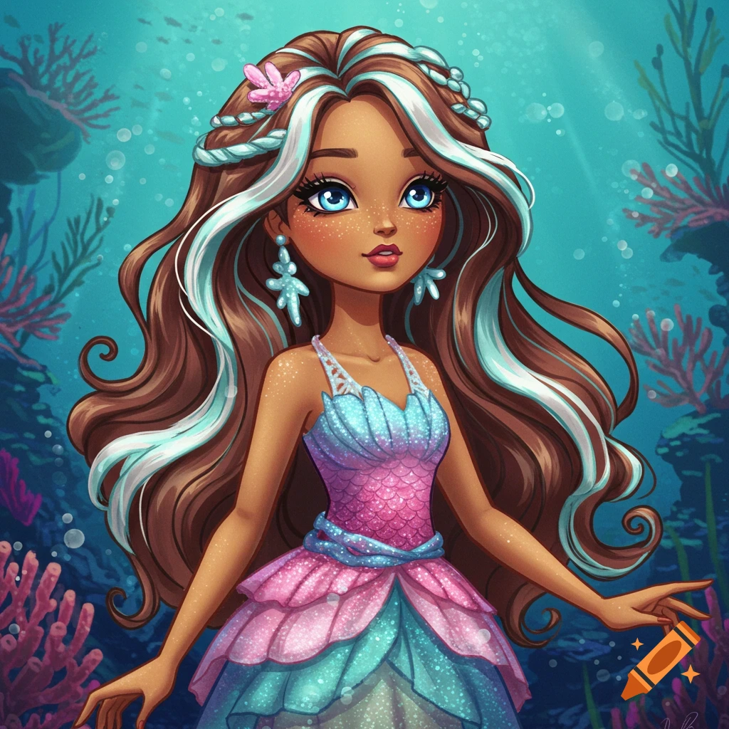 A cartoon illustration of a mermaid with brown hair, blue and white streaks, blue eyes, and a sparkly pink and blue dress, set in an underwater scene with corals.